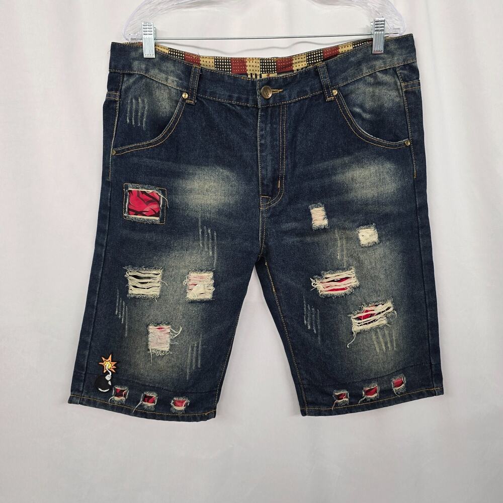 Retro Y2K Patchwork Distressed Streetwear Jean Shorts Men's 36 Blue Dark Wash